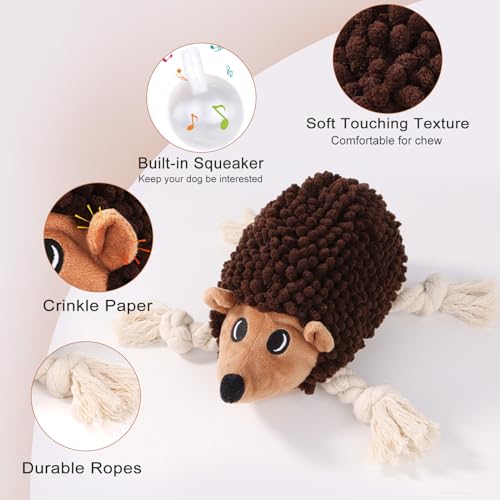 Dog Squeaky Toys for Dogs - Hedgehog Mop Plush Interactive Rope Toy, Durable Chew Toy with Squeaker and Crinkle for Small to Large Dogs, Tug of War Pet Toy for Puppies & Aggressive Chewers - color: Brown3
