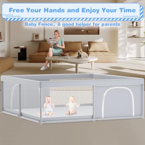 XVISHX Baby Playpen, 79 x 79 Inch Play Pen, Playpen for Babies and Toddlers, Baby Playard for Indoor & Outdoor Active Center Game Fence, with Skin-Friendly Fabric and Soft Breathable Mesh Grey - color: Grey, size: 79 × 79 Inch