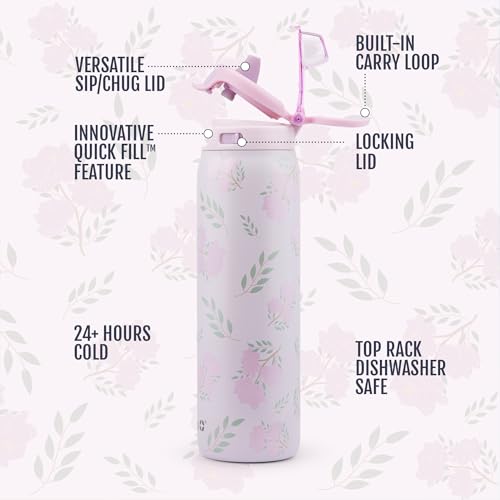 Ello Pop & Fill Insulated Stainless Steel Water Bottle with Quick Fill Lid, Leakproof Locking, Sip or Chug Spout, BPA-Free, Double Wall Vacuum Insulated for Sports, Travel & School- 22oz / 32oz / 40oz - color: Blossom Bliss, style: 22oz