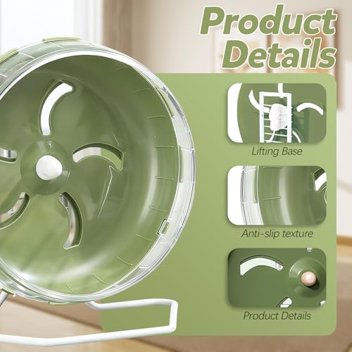 8.4" Height-Adjustable Silent Hamster Wheel Stand, Quiet Hamster Exercise Wheels, Chinchilla Running Spinner Cage Accessories for Gerbil Guinea Pig Mouse Sugar Glider (Green)