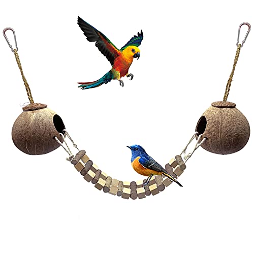 Hamiledyi Coconut Bird Nest Hut with Ladder Hanging Birds Hide House Toy for Cage Natural Coco Shell Hideaway for Parakeet Lovebirds Finch Syrian Hamster Gecko Squirrel Climbing - size: 1PCS 31.9*19.3in