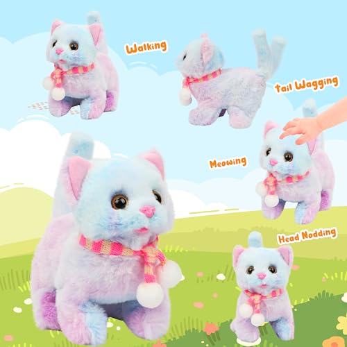 Easfan Rainbow Walking Kitty Cat Interactive Plush Toy Gift for Kids 7.5" | Meowing Tail wagging head nodding, animated kitten pet, birthday holiday gift, for toddlers - style: Rainbow Cat