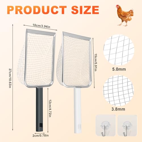 2 Pack Chicken Poop Scooper for Coop, Chicken Coop Shovel with 3.8mm (Fine) & 5mm (Medium) Mesh – Metal Rake & Scoop Tool with Hanger Hooks for Sifting Sand, Litter & Chicken Supplies