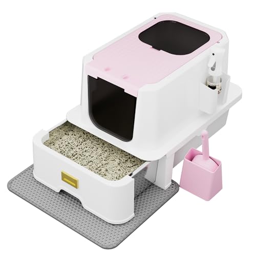 RIZZARI Covered Litter Box for Indoor Cats: Pink, Drawer, Easy Clean | Built-In Deodorizer Spray / Spacious for Large Cats / Stainless Anti-Odor / Pull-Out Drawer / Includes Scoop & Mat - color: Light Pink
