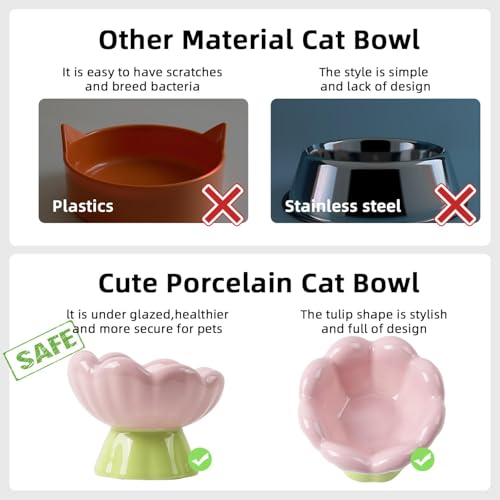 DIF DECO Ceramic Raised Cat Bowl, Pink Elevated Food Bowls for Food and Water Protecting Spine and Whiskelfriendly,Tulip Shape Cute Pet Feeder Dish for Indoor Cats and Small Doas(Height 4.1 inch) - size: Height 4.1 inch