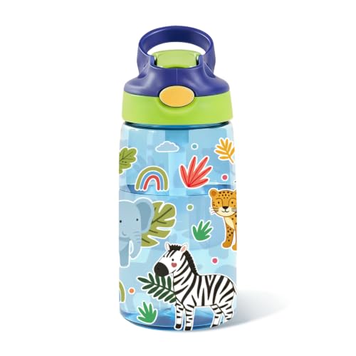 Kids Plastic Water Bottle - Jungle Animal Water Bottle for Kids, 14oz Plastic Water Bottles with Straw Lid, Leakproof BPA-Free Fun Animal Water Bottles for Home Sports Travel, Pop-Up Straw Cover, Blue - color: Jungle Animals