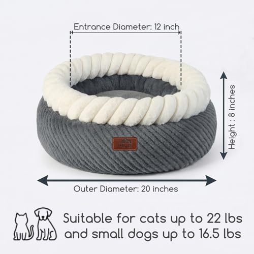 Hollypet Round Cat Bed Small Dog Beds with Detachable Cushion, Gray | Cat Bed for Indoor Cats Washable Fluffy Small Dog Bed Cozy Plush Pet Beds with Non-Slip Bottom for Pets up to 22 lbs - color: Gray and White