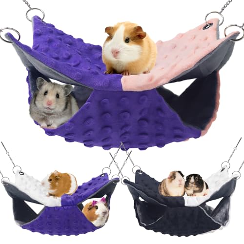 YedsIntu 3 Pcs Guinea Pig Hammock, Rat Ferret Hamster Hanging Hammock Guinea Pig Accessories for Small Animals Chinchilla Parrot Sugar Glider Ferret Squirrel (11"×11") - color: Purple + Pink, Purple + White, Black + White