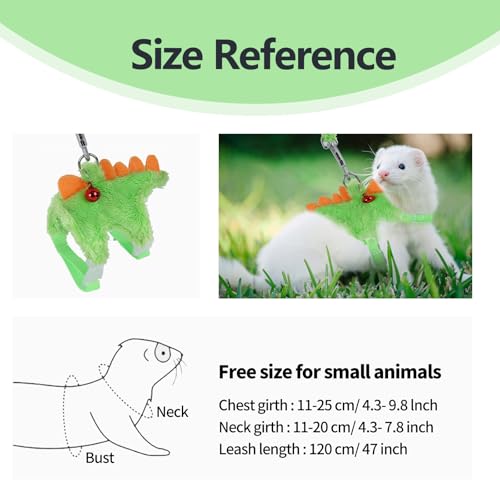 Ferret Harness and Leash Set with Safe Bell, Dinosaur-themed, Green, Small Pet, 2.36-3.54 inches (6-9 cm), 47 inches (120 cm) Lead Rope - color: Green