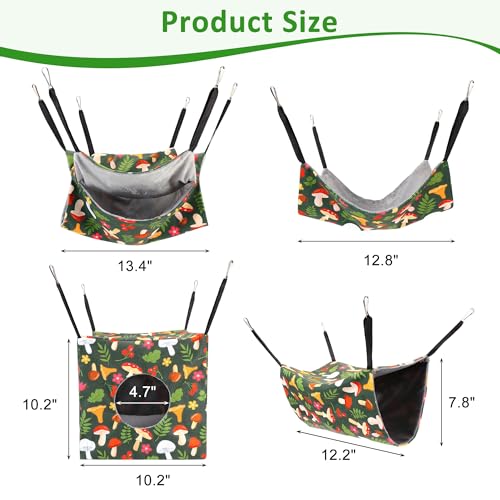 4 Pack Ferret Hammock Set for Cage Comfort Rat Bedding Accessories | Soft Small Animal Hanging Hammock Hideaway Tunnel Toys Cage Accessories for Guinea Pig Hedgehog Sugar Glider Green Mushroom