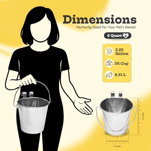 9 Quart Stainless Steel Flat Sided Bucket with Dual Hooks | 2 Pcs Food & Water Bowl for XL Dog Goat Cattle Horse & Livestock | Fits kennel Crate Cages Farm Hanging Pet Pail | Multipurpose - size: 9 Quart (Pack of 2)
