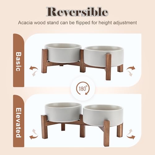 SPUNKYJUNKY Ceramic Dog Bowls Set with Acacia Wood Stand - Raised Dog Food and Water Bowl for Small Dogs (13.52 OZ, Gray) - color: Gray, size: 13.52 Oz