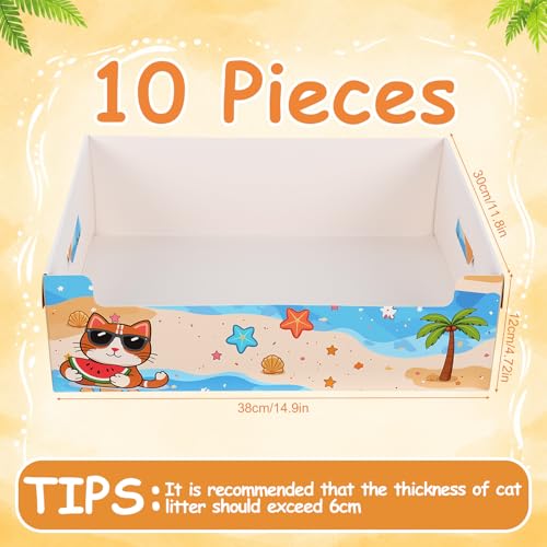 Domensi 10 Pack Travel Litter Box for Cats, Summer Portable Litter Box, Disposable Foldable Waterproof Cardboard Temporary Use Cartoon Cute Beach Theme for Kittens Rabbits Pigs, Gift for Cat Lovers