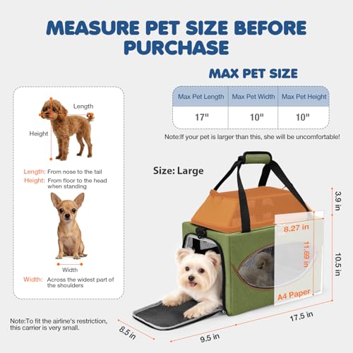 Lekereise Top-Expandable Pet Carrier 18x11x11Inch Delta American United Airline Approved Underseat to 15lbs Stable Car Travel Carriers for Small Dogs Cats with Locking Safety Zippers Anti-Scratch Mesh - color: Dark Green, size: 18"x11"x11"