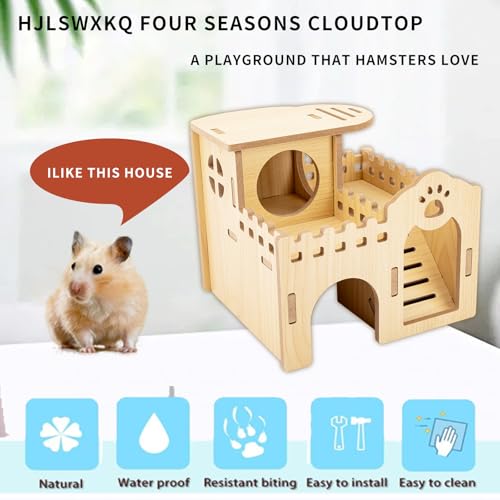 Natural Wood Hamster Habitat Hideout Cage Accessories, Maze Cabin with Fun Slide & Double-Decker House, Exercise Toys for Dwarf Hamsters, Gerbils, Mice, Other Small Animals(Only for Small Hamster D)