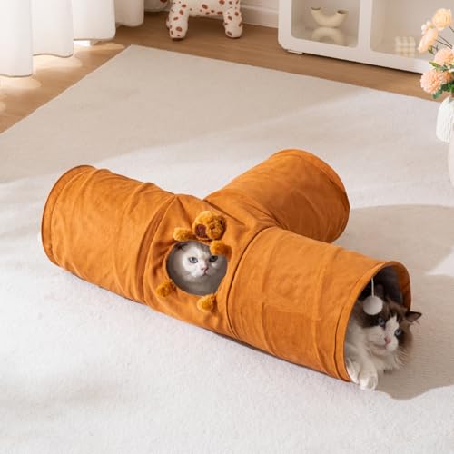 Cat Tunnels for Indoor Cats 3 Way T-Shape Suede Cat Tunnel with Capybara Plush Collapsible Pet Tunnel Tube for Kittens Rabbits Puppies - size: 3 Way Tunnel