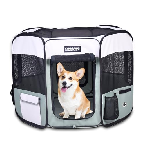 Jespet Soft Dog Playpen, Portable Pet Exercise Pen Kennel with Carry Bag | 2-Door, Easy to Fold, Ground Stakes, Zipper Locks, Large Storage Pocket, Washable Top Mesh Cover & Bottom Cover - color: Shale Green, style: 45x45x24 Inch (Pack of 1)