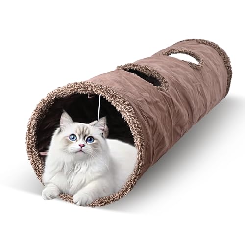 50"x 12" Collasiple Cat Play Tunnel, Interactive Cat Tubes and Tunnels for Indoor Play, Foldable Hide and Seek Toy for Cats, Rabbits, and Small Pets, Soft Brown Suede Pet Tunnel