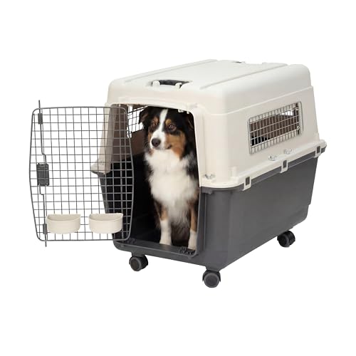 SportPet Airline Compliant LARGE 31.5" Travel Dog Kennel-Durable Plastic Airline Pet Carrier w/ Removable Wheels & Food Bowls, Collapsible Indoor/Outdoor Dog Kennel, Dogs up to 28"L & 20"H-Cream/Gray - color: Cream/Gray