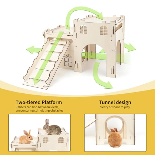 BWOGUE Wooden Bunny Castle Hideout, Extra Large Bunny House with Stairs | Bunny Houses and Hideouts, Split Balcony, Detachable Stairs, Ventilated Design, Indoor Rabbits Guinea Pigs and Chinchillas - style: 2 House and 1 Ladder