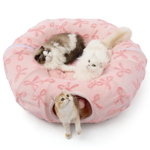 Lesure Donut Cute Jacquard Large Cat Tunnel Bed Kitten Toys for Dog Bunny | 39.5x39.5x10in,Round Large Cat Bed Tube for Multi Kittens,Pet Peekaboo Cave Toy,Spiral Hideaway,Washable Cushion,Pink Taffy - color: Bow Pink Taffy, size: large (39.5"L x 39.5"W x