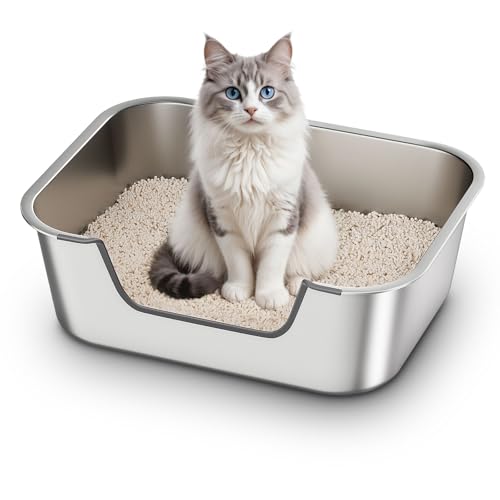 Qiuma Stainless Steel Cat Litter Box with Low Entry, Metal Kitty Litter Box for Senior or Injured Cats, Odor-Free, Non-Stick, Easy to Clean, 17.5"x13.6"x5.9", Litter Pan for Medium and Small Cats - size: 17.5"L×13.6"W×5.9"H