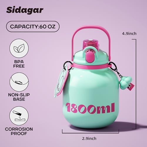 60 oz Gallon Insulated Water Bottle with Straw Lid, Green | Premium 316L Stainless Steel, Leakproof, Wide Mouth Water Jug with Handle, All-day Hot or Cold Retention, Travel & Daily Use - color: Light Green, size: 60 Ounces