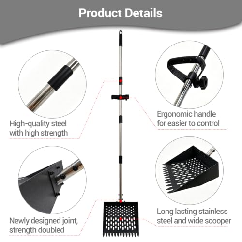 Chicken Poop Scooper, 10.2" Metal Steel Sifting Shovel with Ergonomic Grip, 37-62in Extendable Stainless Steel Handle, Professional Poultry Litter Cleaner for Chicken Coop, Duck, Goat & Sand