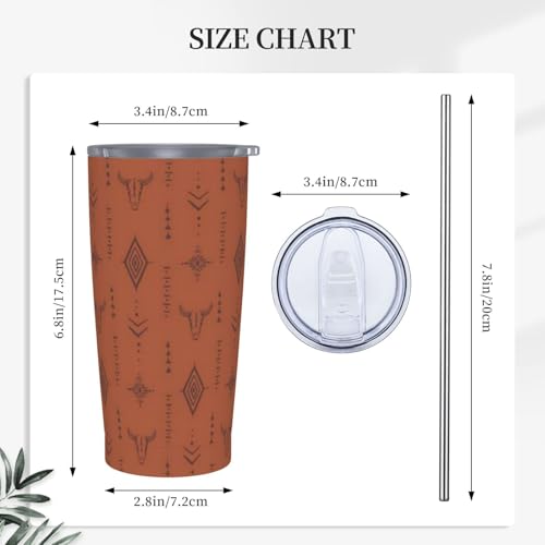 Western Bull Tumbler with Lid and Straw Boho Brown 20oz Insulated Stainless Steel Cup Cowboy Travel Coffee Mug Water Bottle for Women Gift for Birthday Christmas - color: Brown