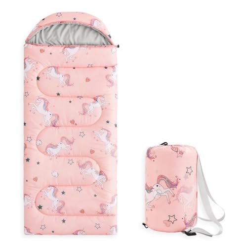 Wake In Cloud - Kids Sleeping Bag for Girls Toddlers, Camping in Warm Cold Weather, Backpacking Lightweight Compact Outdoor Liner for 3 Seasons, Unicorns Stars Hearts - color: Light Pink