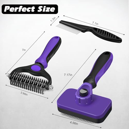 Professional 3PCS Self Cleaning Slicker Brush & Pet Grooming Rake & Flea Comb for Dogs,Cats and Horses | Double-Sided Dematting Comb & Skin Friendly Deshedding Grooming Tool | Pet Supplies (Purple) - color: Purple