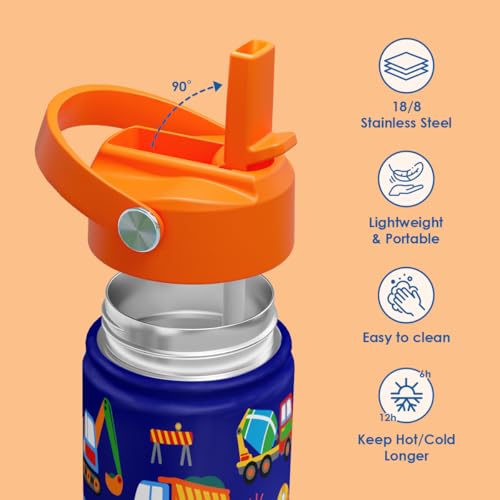 SANDJEST Kid Water Bottle 12oz with Straw Lid - 2-Pack Insulated Stainless Steel Water Bottles for Kids Boys Girls - Travel Cup for School Sports, Construction & Transportation - color: Construction + Transportation (2 Pack)