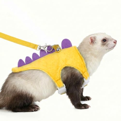 Ferret Harness and Leash Set Dinosaur Shaped Stuffed Animal Harness Adjustable Vest with Safe Bell for Baby Rabbit Guinea Pig Rat Hedgehog and Other Small Animals Yellow
