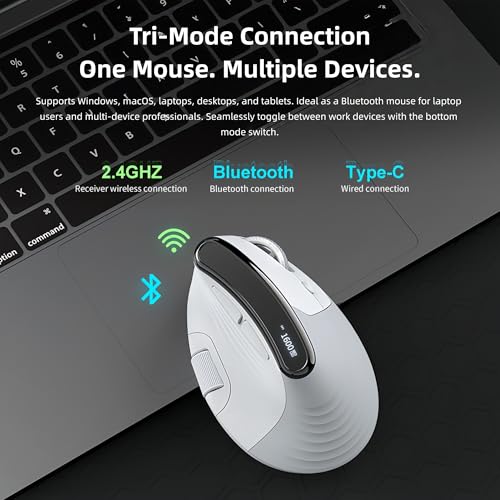 Ergonomic Vertical Mouse, Dual Scroll, Tri-Mode, OLED Display | 60° ergonomic vertical mouse with dual scroll wheels, tri-mode Bluetooth/2.4G/wired connectivity, OLED display, and 8000 DPI. - color: Black
