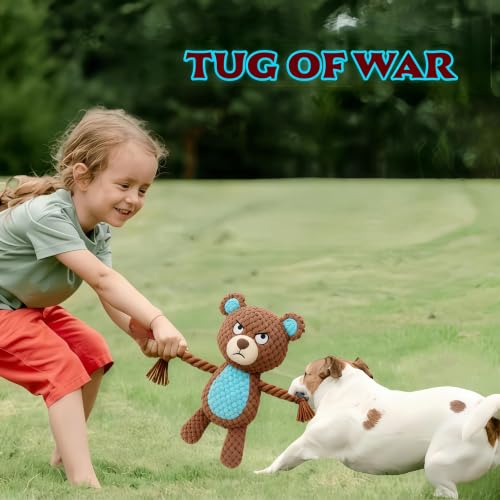 Plush Bear Dog Toy, Squeaky Tug Toy with Rope Arms for Small Medium Dogs | soft plush bear toy with rope arms and squeaker, designed for tugging, chewing and interactive indoor play - color: Brown