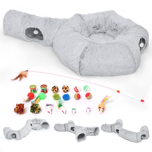 Cat Tunnels Bed with 1 Straight Tunnel and 20 Pet Toys - 5 Shapes DIY Indoor Cats Cave - Detachable Soft Cat Donut for Kitten Puppy Rabbit Ferret - color: Cat Tunnel+Additional Straight Tunnel