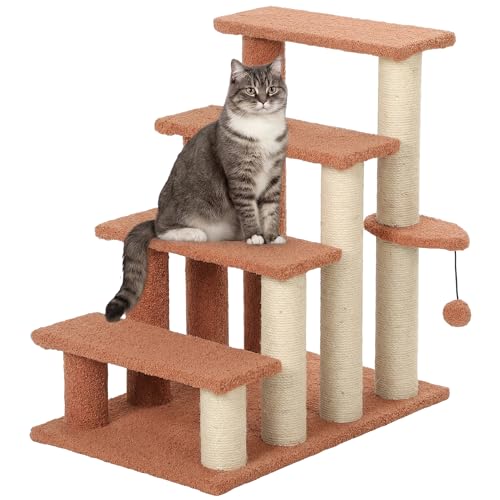 PawHut 4 Levels Cat Steps, Pet Stairs Carpeted Ladder, Kitten Tree Climber with Scratching Posts, Hanging Play Ball, Side Step, for High Bed, Sofa, Brown | Kitten Tree Climber, Scratching Posts, Hanging Play Ball, Side Step, for Sofa - color: Brown