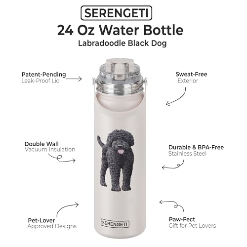 E&S Pets SERENGETI 24 Oz Water Bottle Stainless Steel with Spill Proof Lid - Double walled Vacuum Insulated water flask - Realistic 3D Print of your favorite dog (Labradoodle) - color: Labradoodle