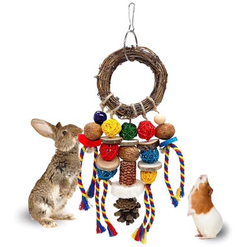 Bunny Chew Treat Toy for Teeth, Rabbit Cage Hanging Chew Toys and Rattan Ring with Snack,Natural Material Handwoven Chinchilla Treats Toys for Guinea Pig Gerbils Hamster Rat Teeth Grinding - color: Classic