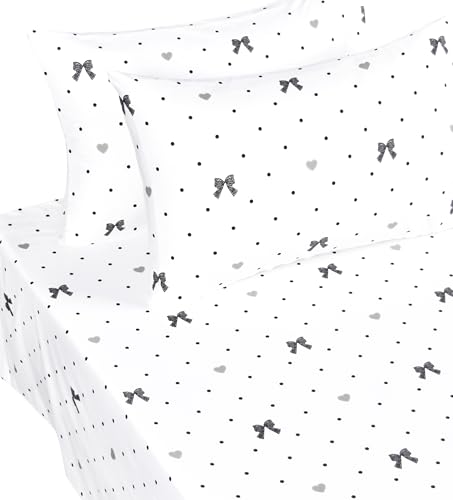 Scientific Sleep Lace Bow Bowknot Black Dot 100% Cotton 4 Pcs Full Bed Sheet Set Kids Boys Girls Teens, Flat Sheet & Fitted Sheet & Pillowcase Kids Bedding Set (Bow, Full) - color: Bow, size: Full