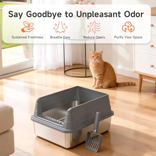 Stainless Steel Cat Litter Box Low Entry Litter Pan Include Scoop | Odor Free Metal High Sides Lid Open Top Easy Cleaning Anti-Scratc Anti-Urine Leakage Non-Sticky - color: Dark Grey S