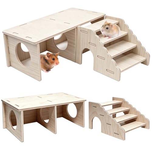 2 Pcs Hamster Hideouts, Wooden 2 Chamber Hideout Tunnel Hamster Platform with Climbing Ladder