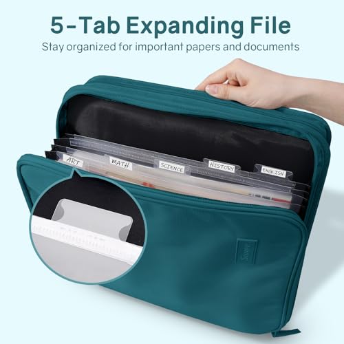 SUNEE Zippered Binder Bag with Handle, 2-Inch 3-Ring O-Ring, 500-Sheet Capacity, Includes Zip Pocket, 5-Tab Expanding File Folder, Multi-Pocket Organizer Binder for Middle School, Dark Teal-Green - color: Dark Teal-green