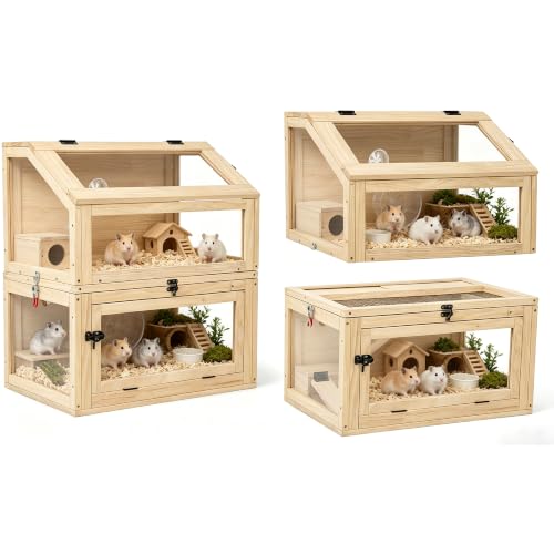 COZIWOW Hamster Cage, 2-in-1 Detachable 2-Tier Stackable Chewproof Wooden Small Animal Habitat with Ramps & Hideouts, 270° Panoramic Acrylic View Openable Wire Top, Large Rat House for Syrian - color: Wood