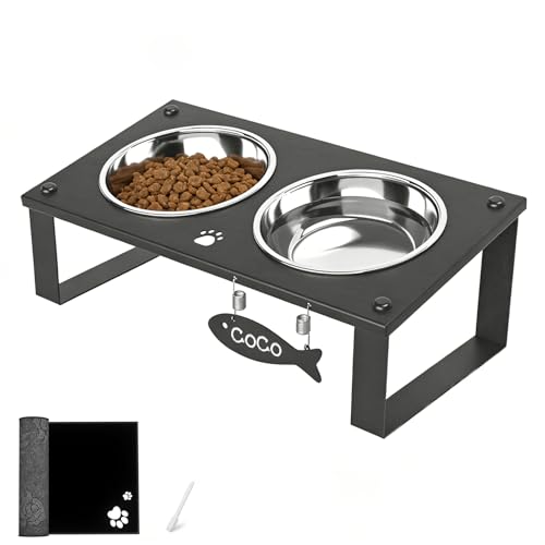 Elevated Cat Bowls with Splash Proof Mat for Kitten Puppy, 10° Tilted Raised Cat Bowl Stand Anti-Vomiting, 2 Wide Shallow Stainless Steel Bowls, Whisker Friendly, 3.5" Tall - color: Black-2bowls