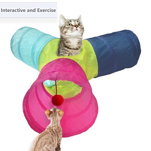 Cat Tunnel Tube Toys, 3 Ways Tunnels for Indoor Cats with Play Ball | Collapsible Pet Tube with Interactive Peephole Interactive Toy for Rabbits, Kittens, Ferrets, Puppy(Colorful) - color: 3 Way Colorful