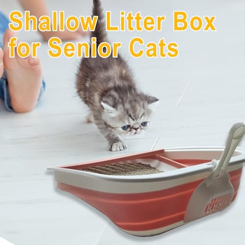 Low Entry Kitten Litter Box Collapsible Shallow Litter Box | Senior Cats Anti-Splashing Kitty Training Open Potty Pan Scoop Leak-proof pedal Cat Toilet No Smell Easy Clean - color: Pink, size: Medium