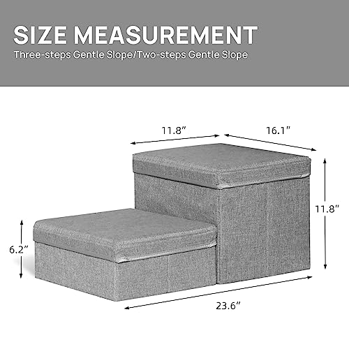 Linen Foldable Dog Stairs with Storage | 2-Step Pet Steps for High Beds & Couch, Non-Slip Dog Ladder for Small & Medium Dogs and Cats, Light Grey - color: Light Gray Linen