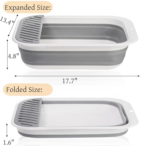 Tlence Collapsible Small Cat Litter Box, 17.7'' Open Foldable Kittens Potty with Scoop, Shallow Anti Splash Travel Cat Toilet, Semi Enclosed Height Adjustable Sides Litter Pan for Sick Frail Cat Grey