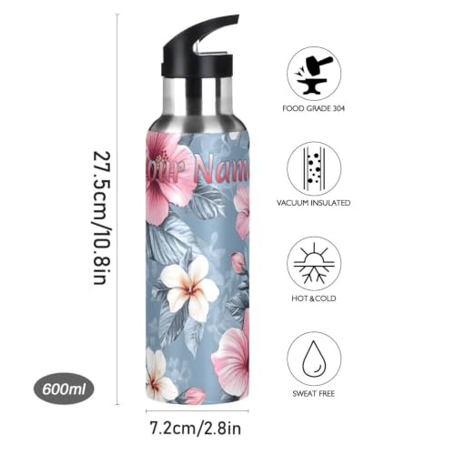 Custom Pink Hibiscus Flower Water Bottle Kids Stainless Steel Bottle with Straw Lid Personalized Name Boys Girls Insulated Cup for School 20 oz - color: Multi103